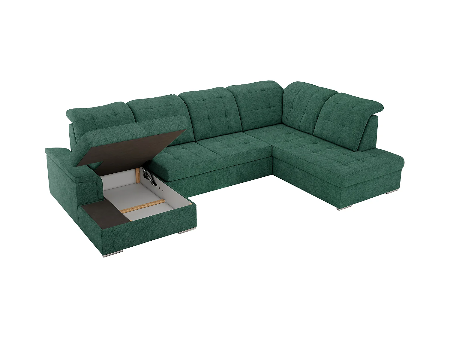 Ecksofa MADRITO U - mit verstellbarer Rückenlehne, Armlehne, L-förmige Ecke, Bettkasten - Grün Struktur - Ecke Rechts