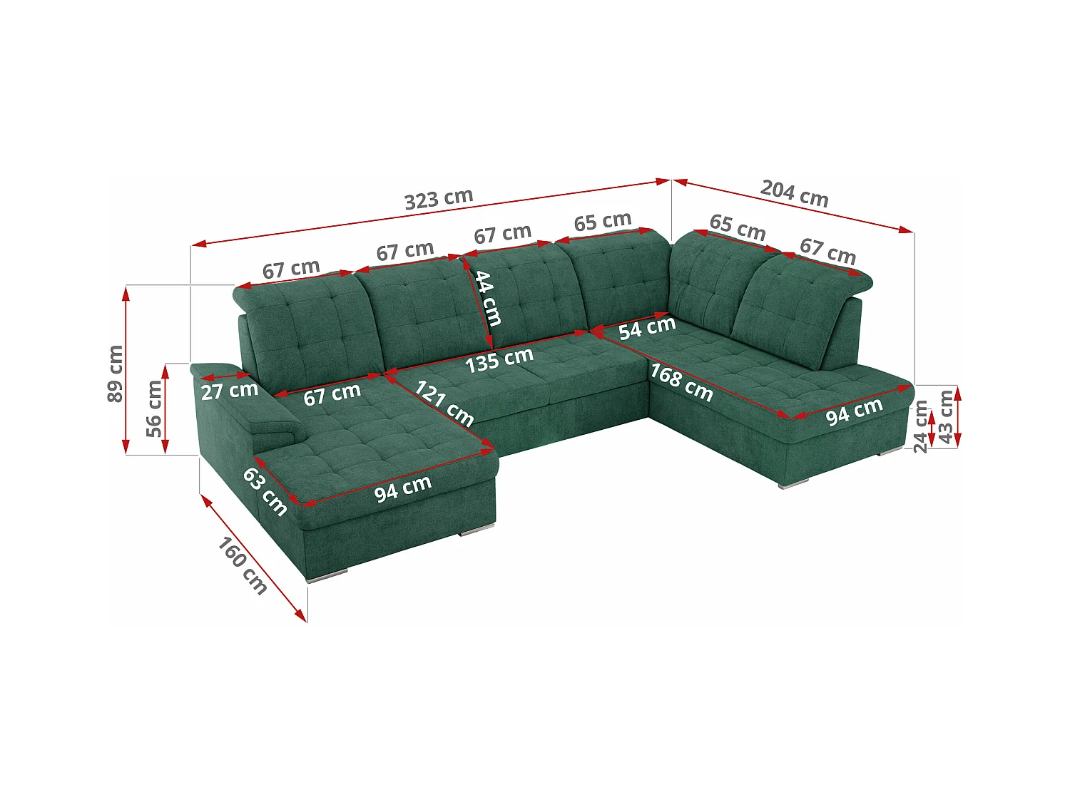 Ecksofa MADRITO U - mit verstellbarer Rückenlehne, Armlehne, L-förmige Ecke, Bettkasten - Grün Struktur - Ecke Rechts