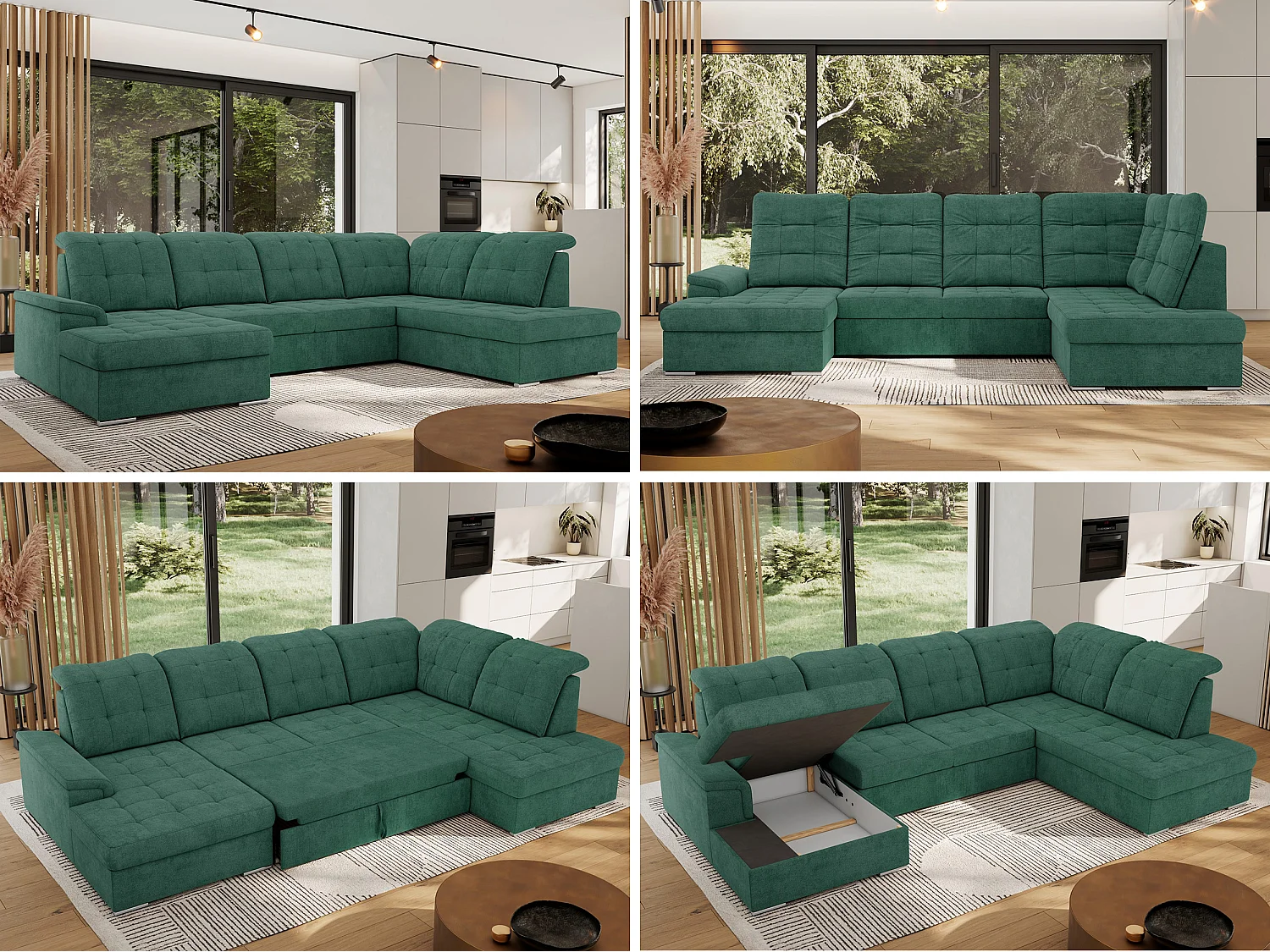 Ecksofa MADRITO U - mit verstellbarer Rückenlehne, Armlehne, L-förmige Ecke, Bettkasten - Grün Struktur - Ecke Rechts