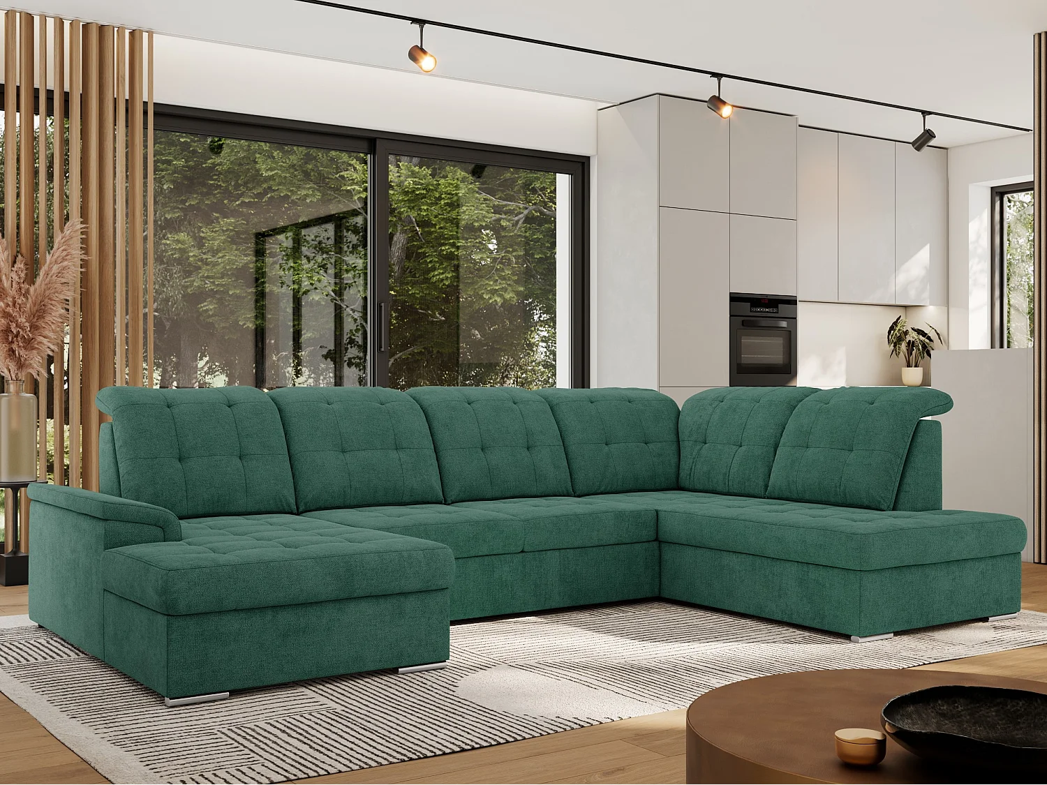 Ecksofa MADRITO U - mit verstellbarer Rückenlehne, Armlehne, L-förmige Ecke, Bettkasten - Grün Struktur - Ecke Rechts