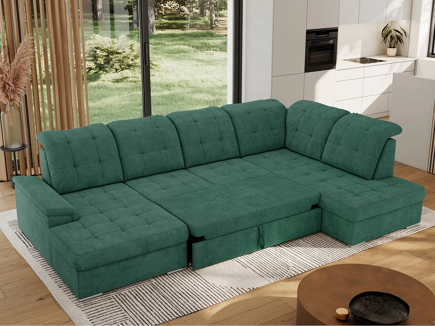Ecksofa MADRITO U - mit verstellbarer Rückenlehne, Armlehne, L-förmige Ecke, Bettkasten - Grün Struktur - Ecke Rechts
