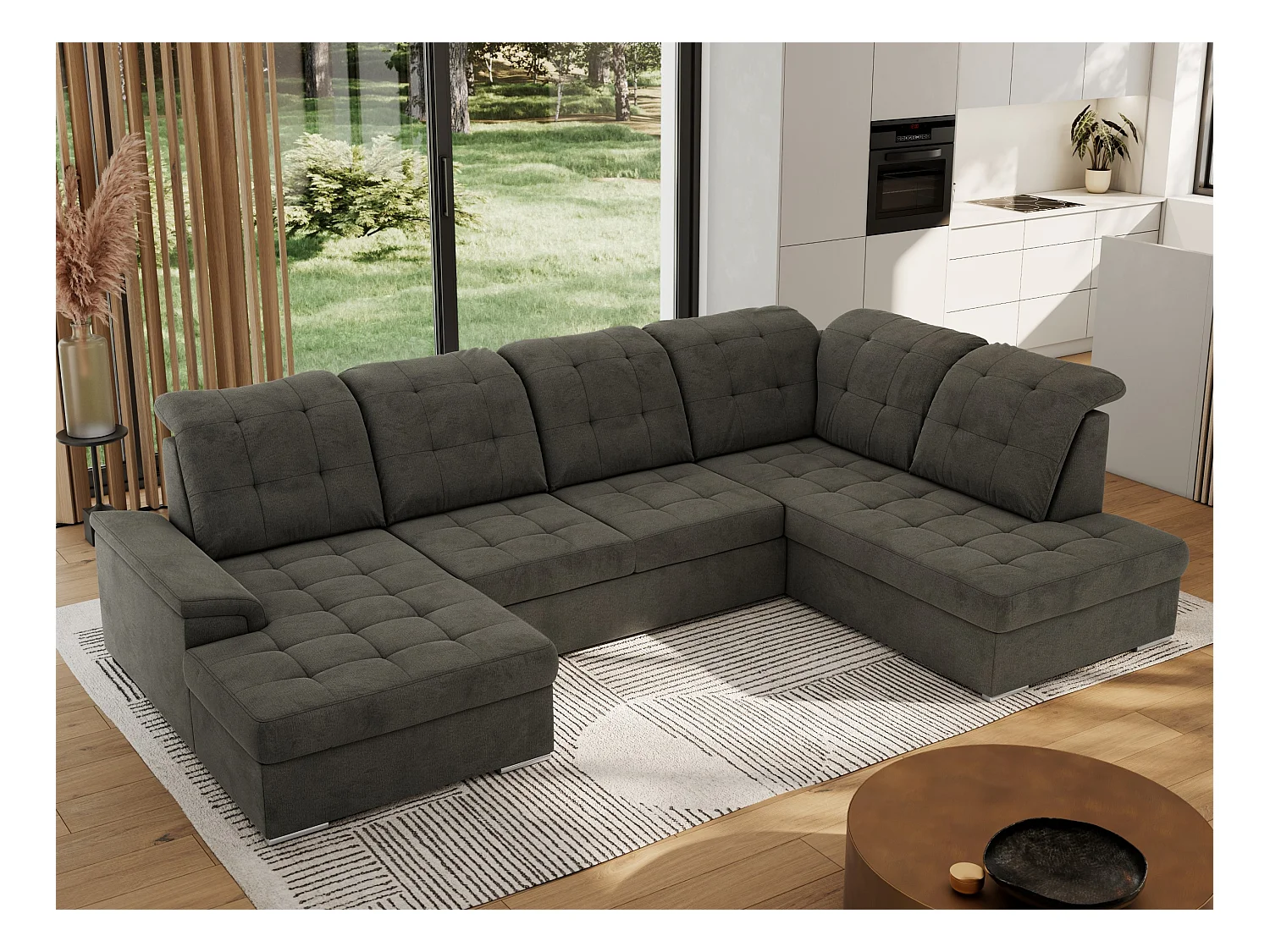 Ecksofa MADRITO U - mit verstellbarer Rückenlehne, Armlehne, L-förmige Ecke, Bettkasten - Dunkelgrau Velvet - Ecke Rechts