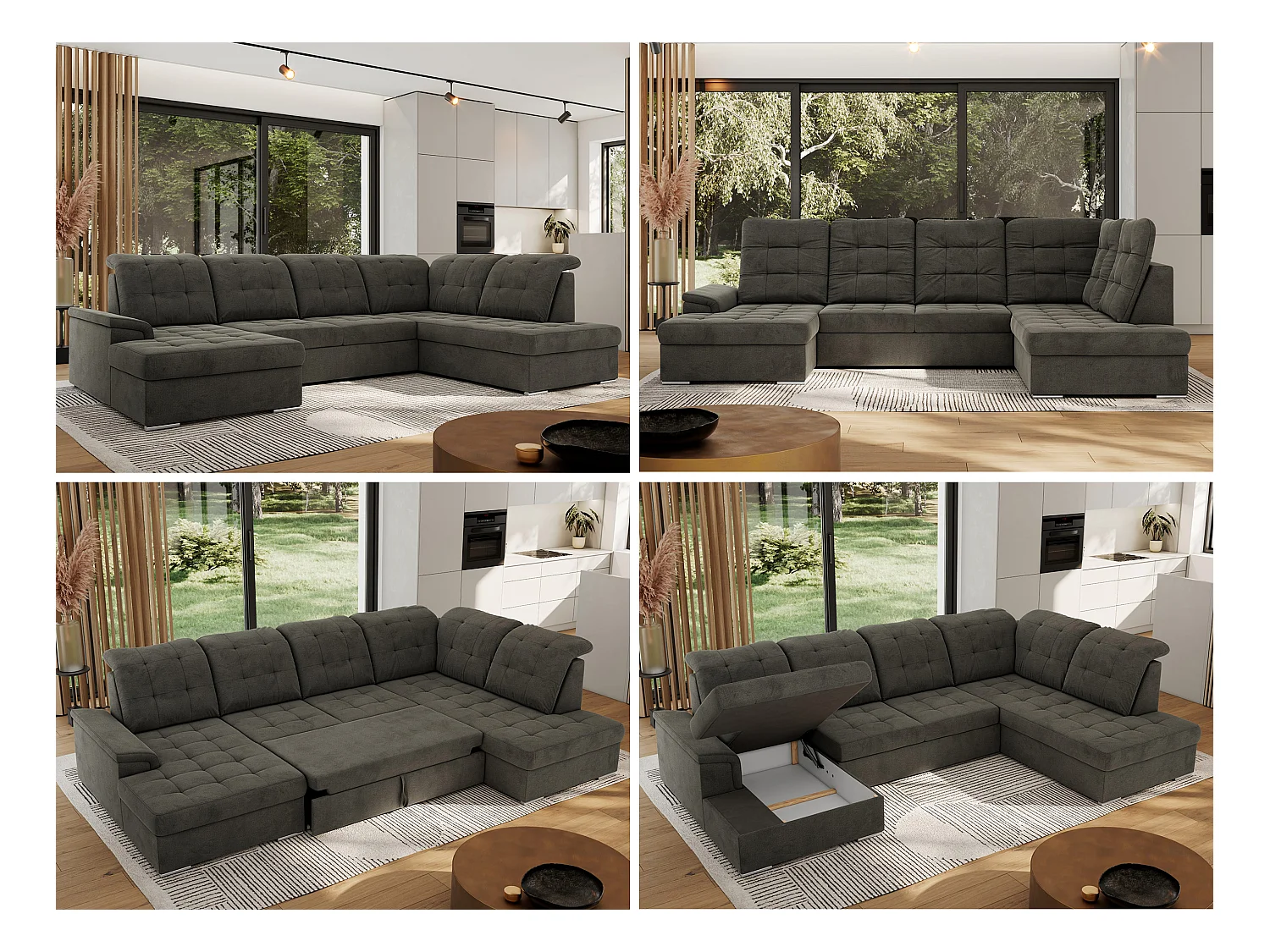 Ecksofa MADRITO U - mit verstellbarer Rückenlehne, Armlehne, L-förmige Ecke, Bettkasten - Dunkelgrau Velvet - Ecke Rechts