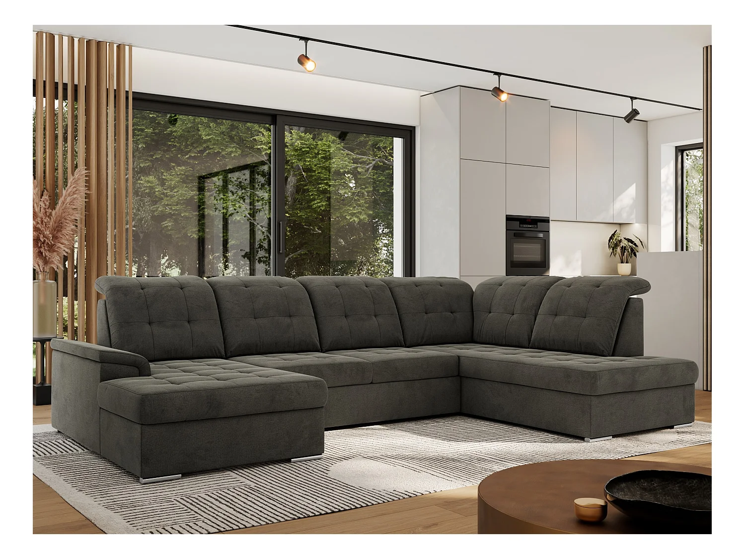 Ecksofa MADRITO U - mit verstellbarer Rückenlehne, Armlehne, L-förmige Ecke, Bettkasten - Dunkelgrau Velvet - Ecke Rechts