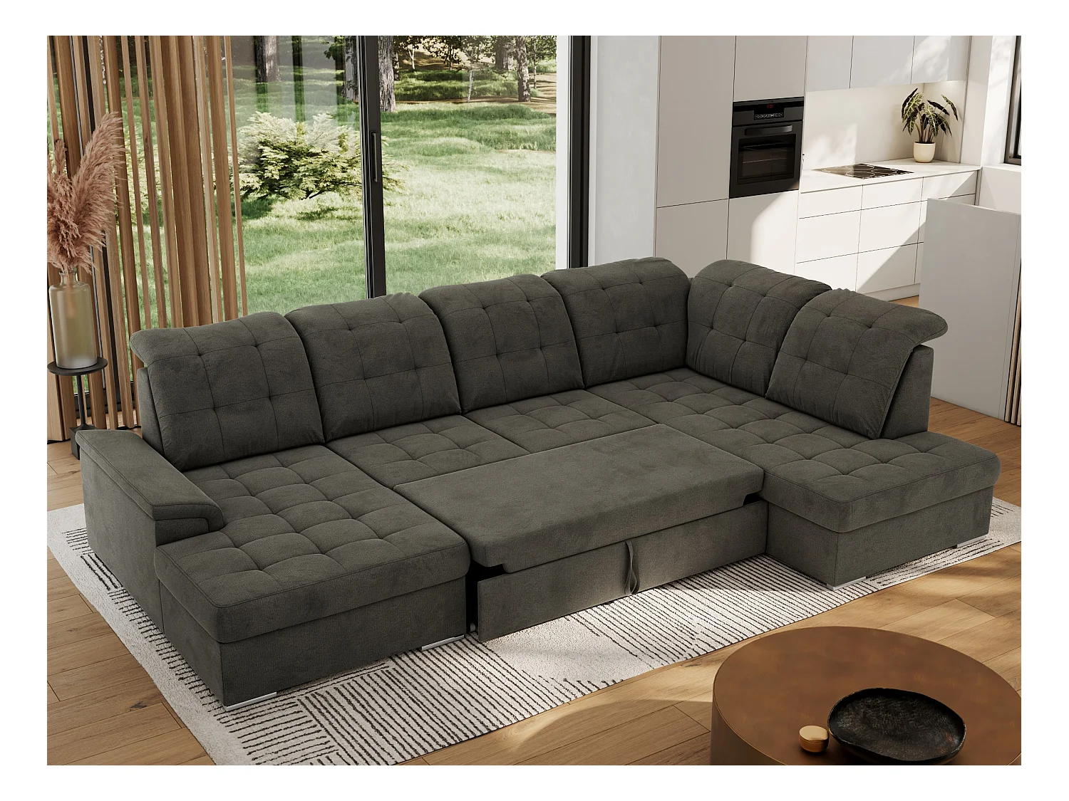 Ecksofa MADRITO U - mit verstellbarer Rückenlehne, Armlehne, L-förmige Ecke, Bettkasten - Dunkelgrau Velvet - Ecke Rechts