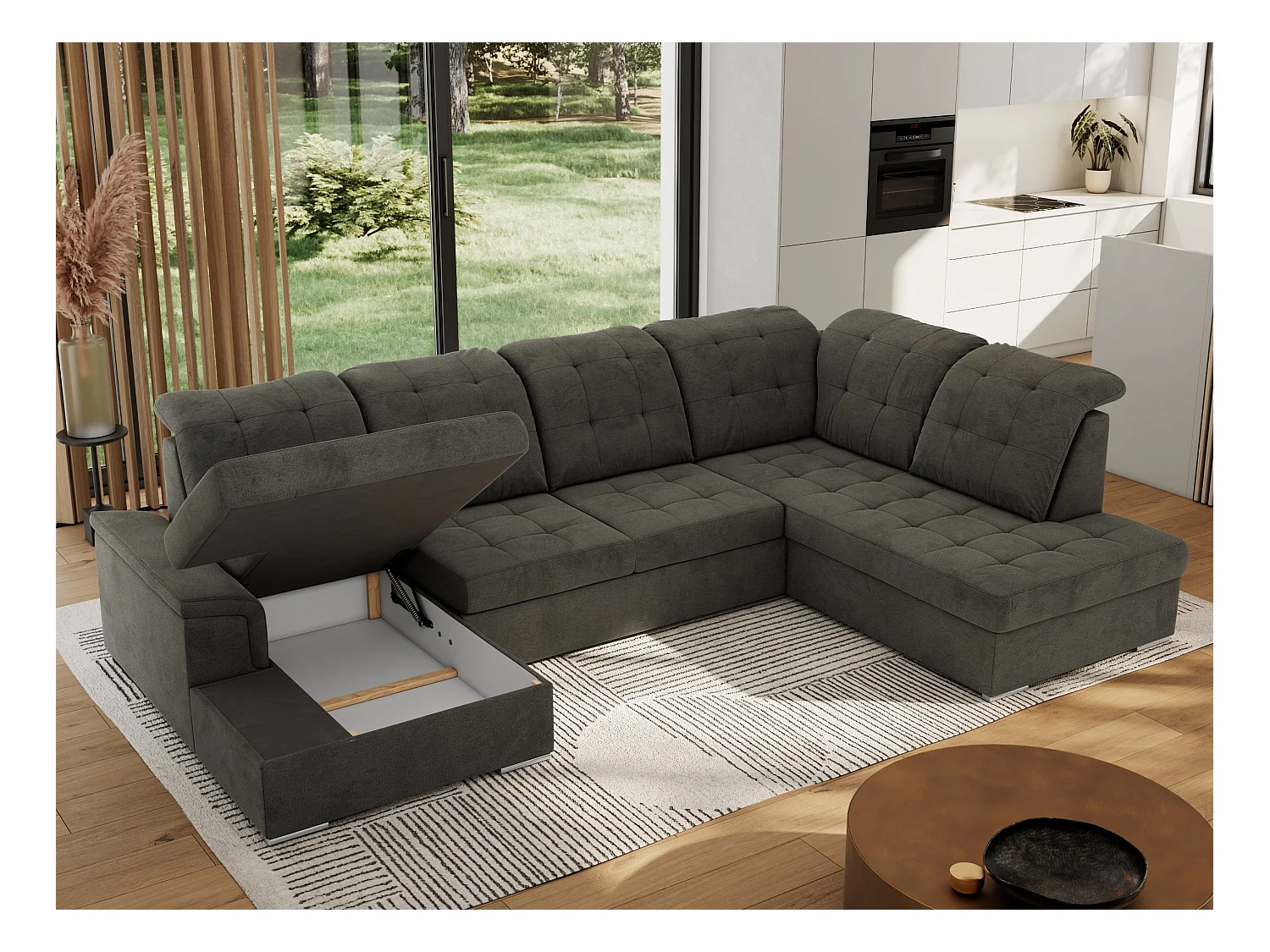 Ecksofa MADRITO U - mit verstellbarer Rückenlehne, Armlehne, L-förmige Ecke, Bettkasten - Dunkelgrau Velvet - Ecke Rechts