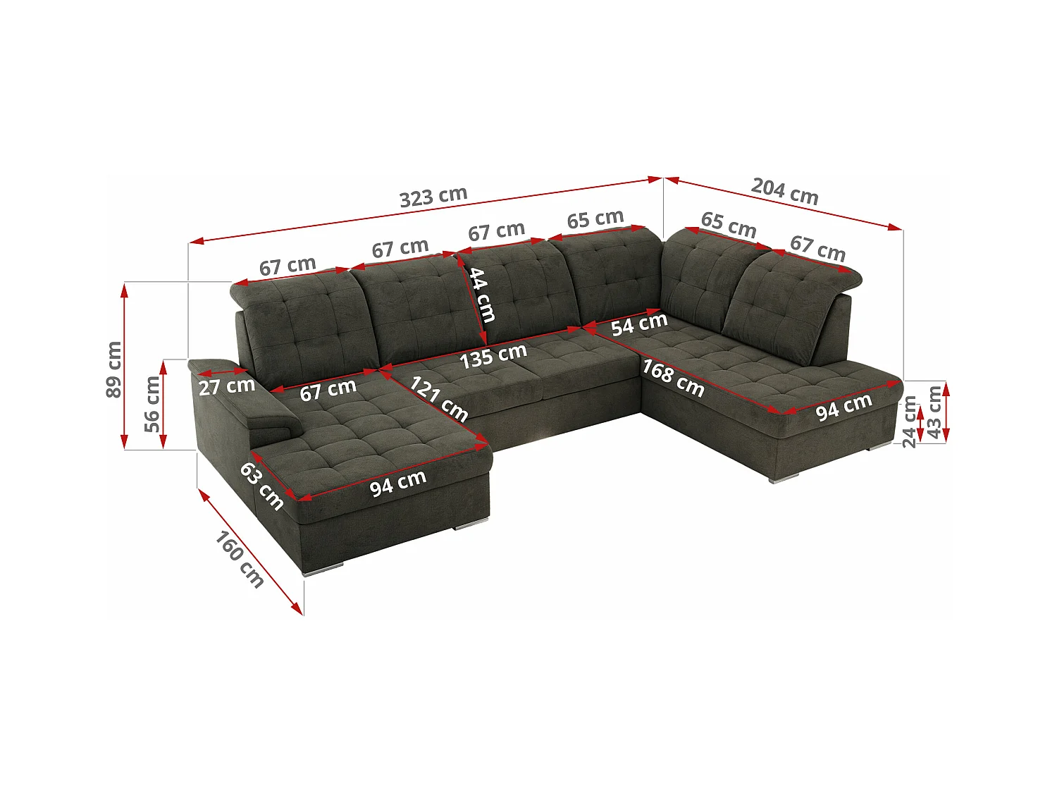 Ecksofa MADRITO U - mit verstellbarer Rückenlehne, Armlehne, L-förmige Ecke, Bettkasten - Dunkelgrau Velvet - Ecke Rechts