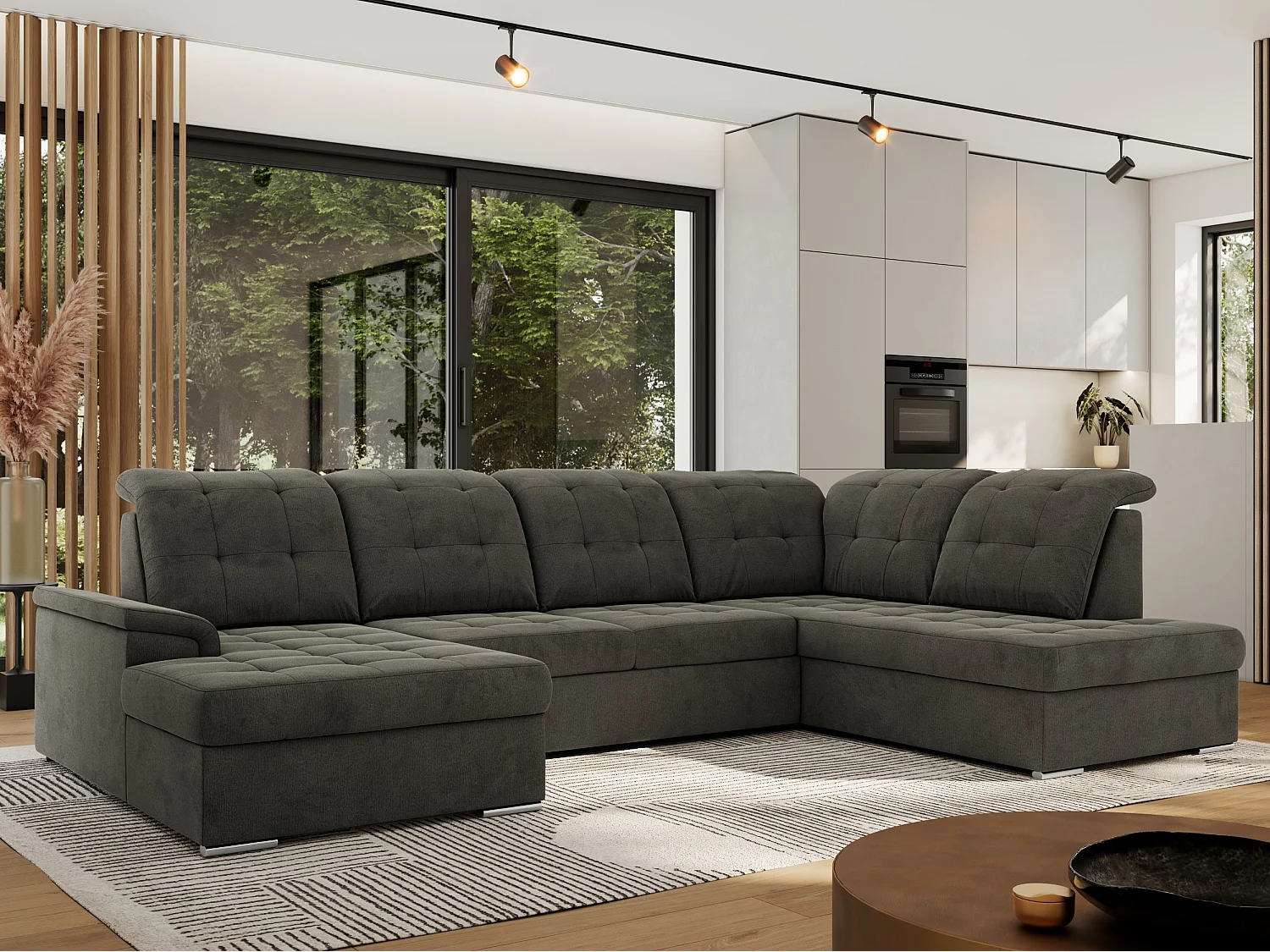 Ecksofa MADRITO U - mit verstellbarer Rückenlehne, Armlehne, L-förmige Ecke, Bettkasten - Dunkelgrau Velvet - Ecke Rechts