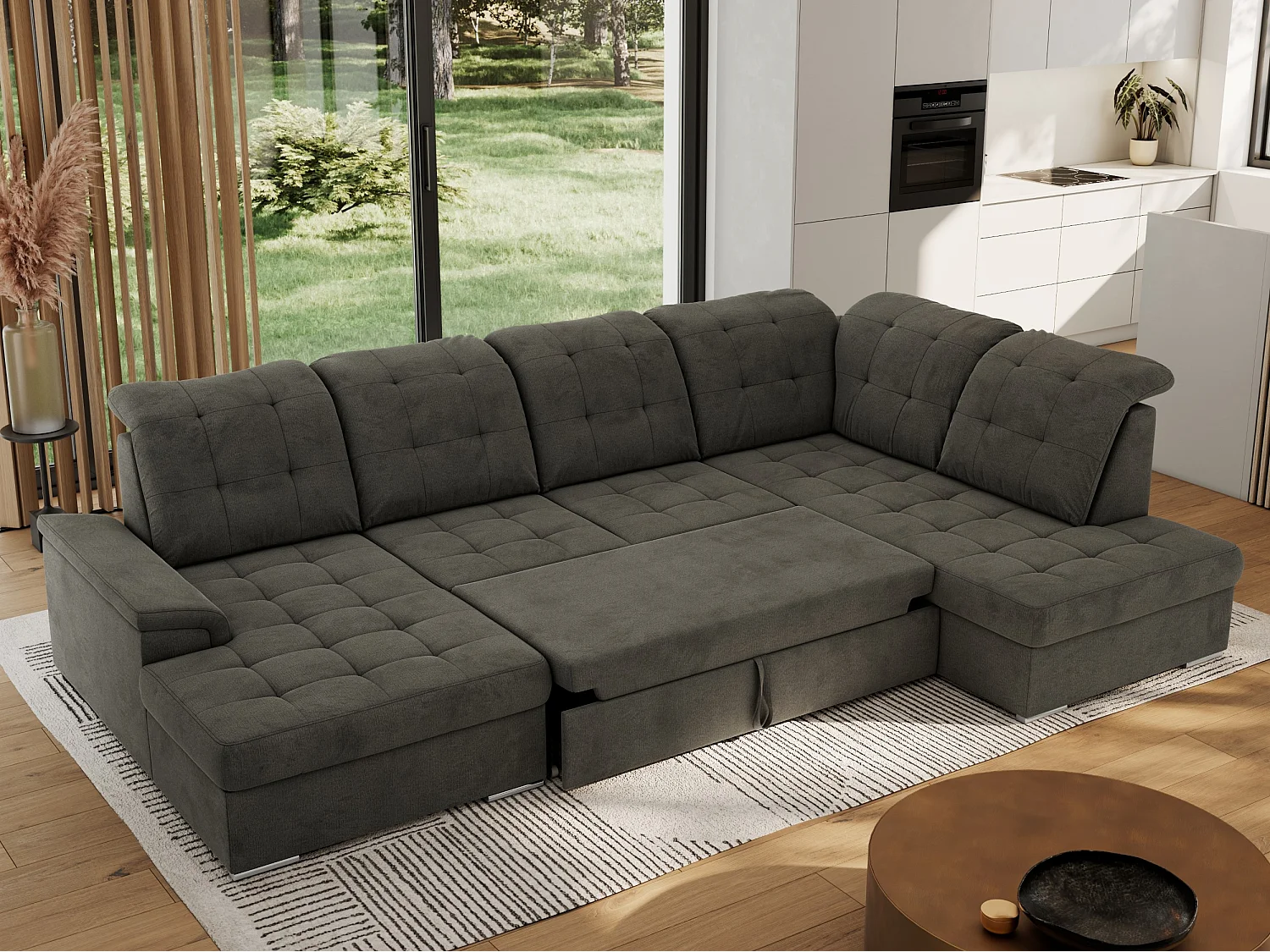 Ecksofa MADRITO U - mit verstellbarer Rückenlehne, Armlehne, L-förmige Ecke, Bettkasten - Dunkelgrau Velvet - Ecke Rechts