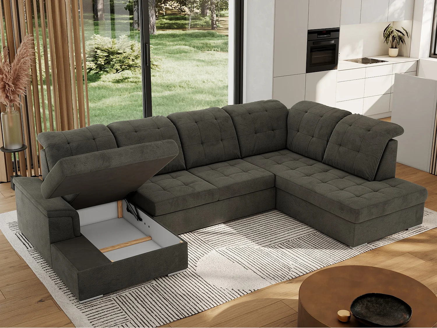 Ecksofa MADRITO U - mit verstellbarer Rückenlehne, Armlehne, L-förmige Ecke, Bettkasten - Dunkelgrau Velvet - Ecke Rechts