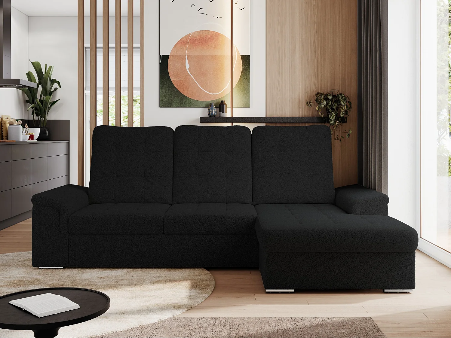 Ecksofa MADRITO - mit verstellbarer Rückenlehne, Armlehnen, gestepptem Sitz und Rückenlehne, Schlaffunktion - Schwarz Boucle - Ecke Rechts