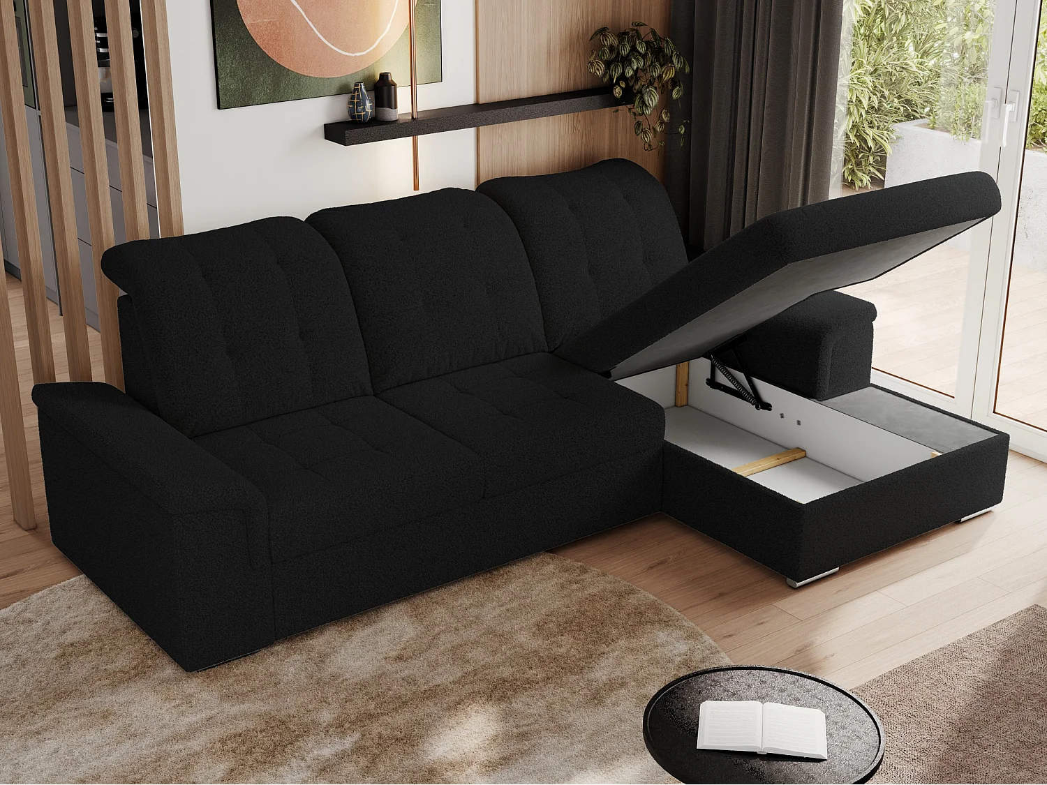 Ecksofa MADRITO - mit verstellbarer Rückenlehne, Armlehnen, gestepptem Sitz und Rückenlehne, Schlaffunktion - Schwarz Boucle - Ecke Rechts