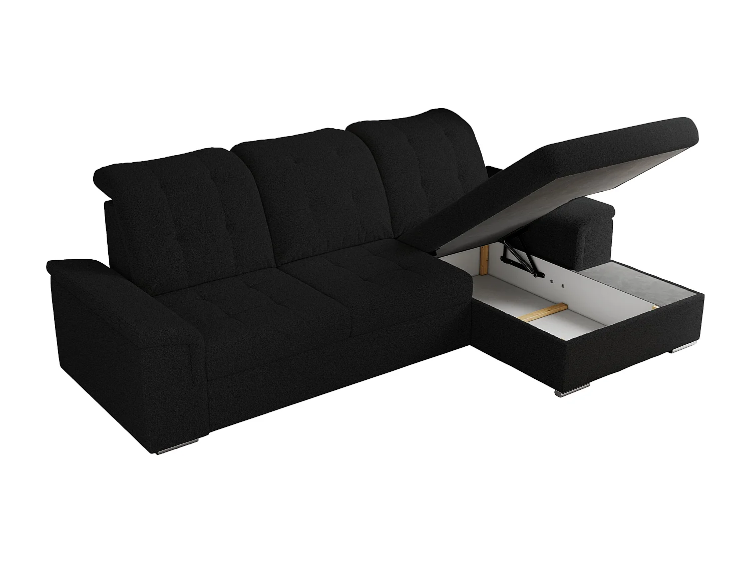 Ecksofa MADRITO - mit verstellbarer Rückenlehne, Armlehnen, gestepptem Sitz und Rückenlehne, Schlaffunktion - Schwarz Boucle - Ecke Rechts