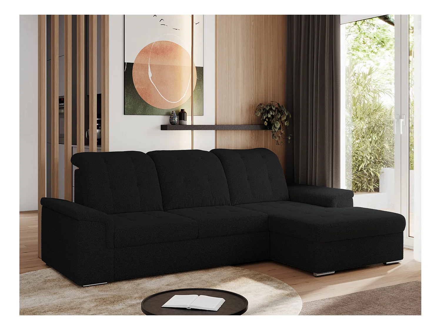 Ecksofa MADRITO - mit verstellbarer Rückenlehne, Armlehnen, gestepptem Sitz und Rückenlehne, Schlaffunktion - Schwarz Boucle - Ecke Rechts