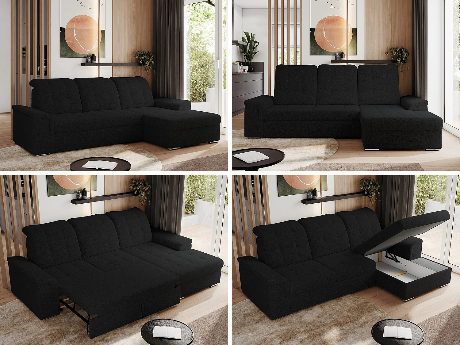 Ecksofa MADRITO - mit verstellbarer Rückenlehne, Armlehnen, gestepptem Sitz und Rückenlehne, Schlaffunktion - Schwarz Boucle - Ecke Rechts