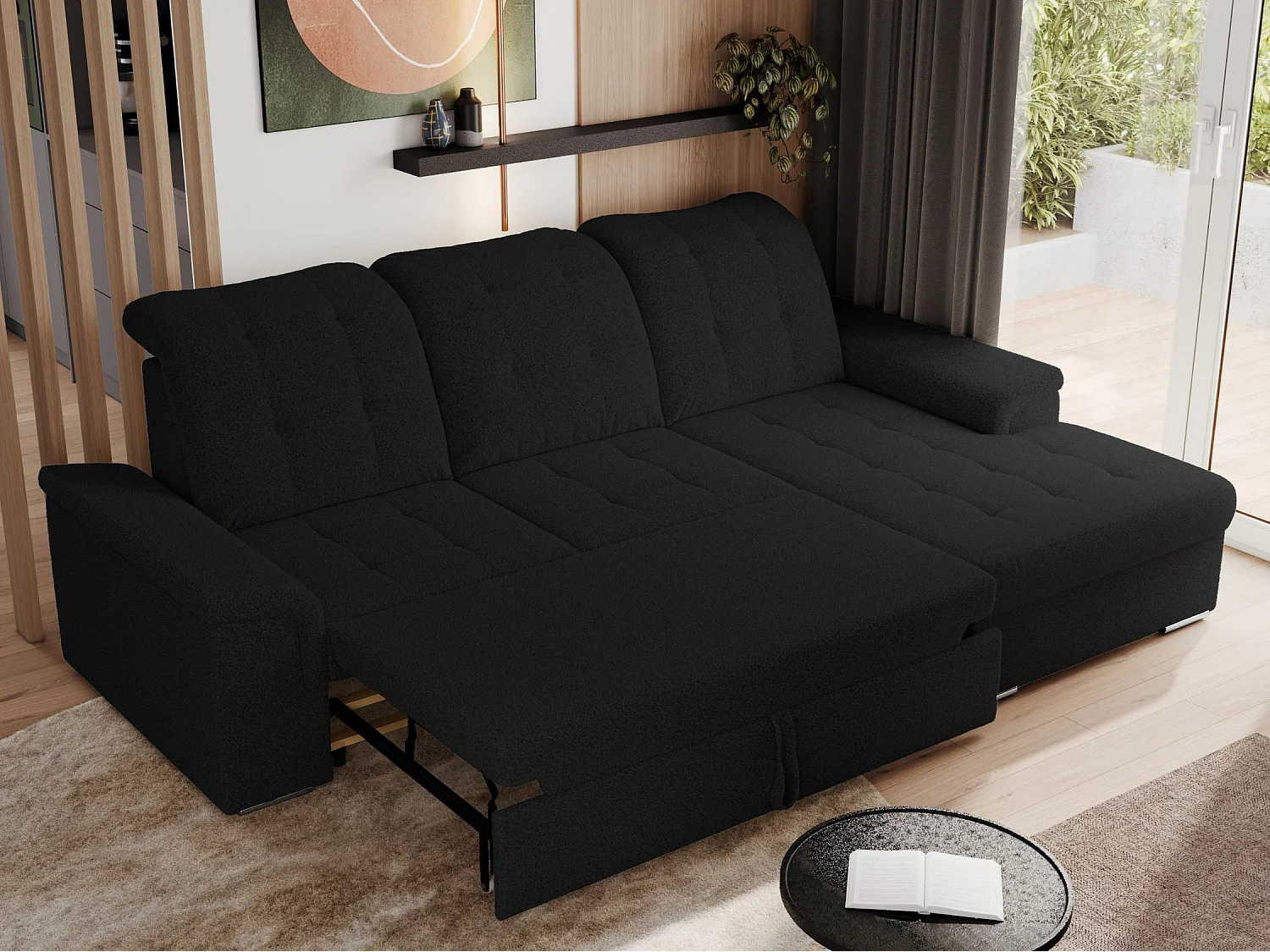 Ecksofa MADRITO - mit verstellbarer Rückenlehne, Armlehnen, gestepptem Sitz und Rückenlehne, Schlaffunktion - Schwarz Boucle - Ecke Rechts