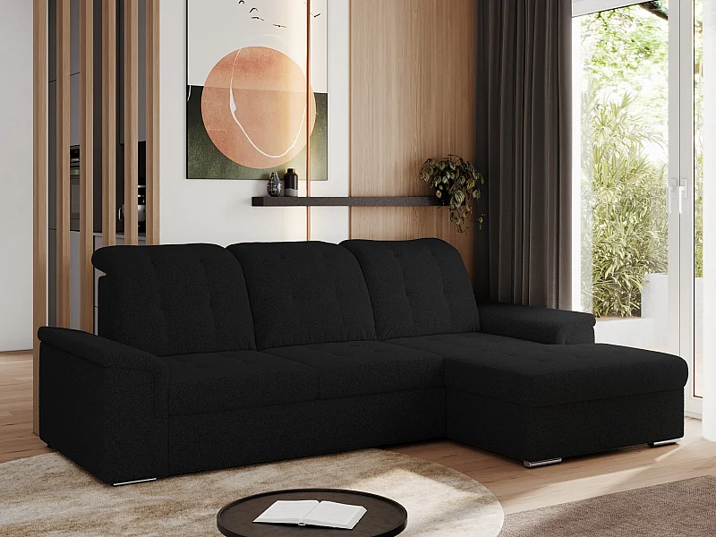 Ecksofa MADRITO - mit verstellbarer Rückenlehne, Armlehnen, gestepptem Sitz und Rückenlehne, Schlaffunktion - Schwarz Boucle - Ecke Rechts