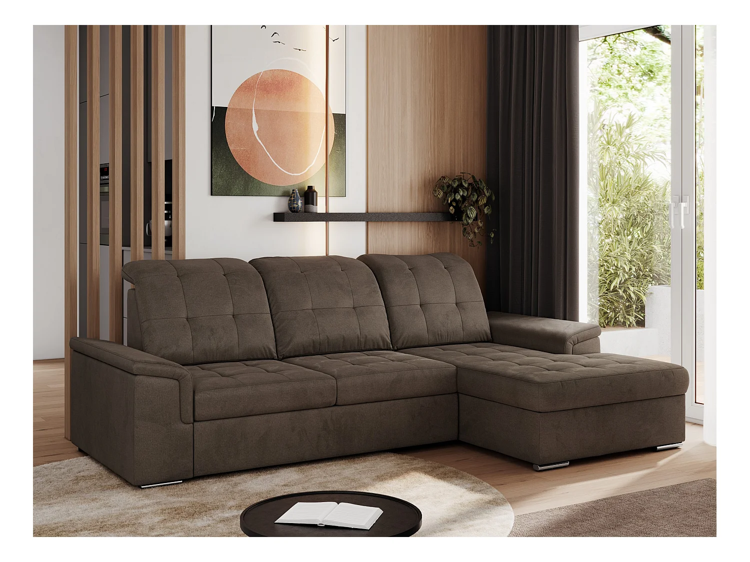 Ecksofa MADRITO - mit verstellbarer Rückenlehne, Armlehnen, gestepptem Sitz und Rückenlehne, Schlaffunktion - Braun Velvet - Ecke Rechts