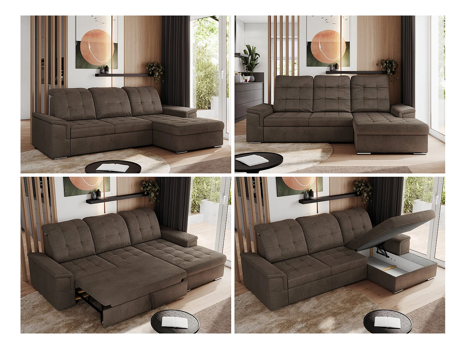 Ecksofa MADRITO - mit verstellbarer Rückenlehne, Armlehnen, gestepptem Sitz und Rückenlehne, Schlaffunktion - Braun Velvet - Ecke Rechts