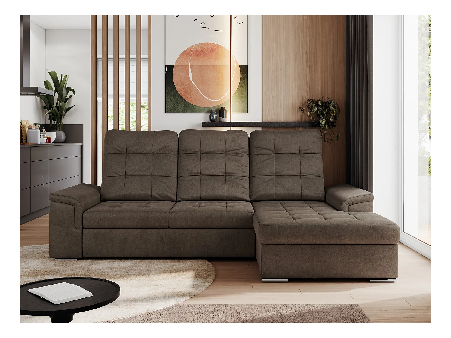 Ecksofa MADRITO - mit verstellbarer Rückenlehne, Armlehnen, gestepptem Sitz und Rückenlehne, Schlaffunktion - Braun Velvet - Ecke Rechts