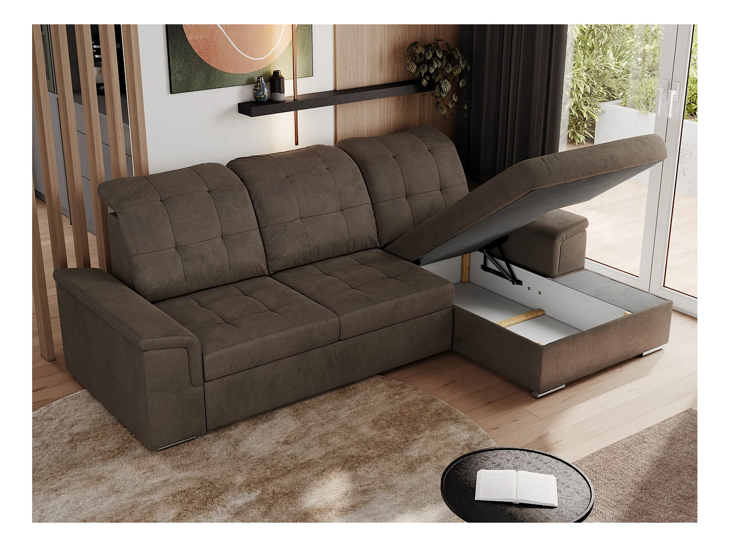 Ecksofa MADRITO - mit verstellbarer Rückenlehne, Armlehnen, gestepptem Sitz und Rückenlehne, Schlaffunktion - Braun Velvet - Ecke Rechts