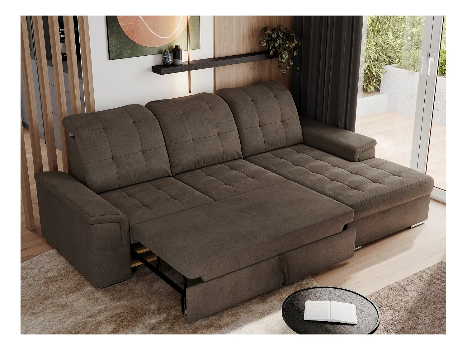 Ecksofa MADRITO - mit verstellbarer Rückenlehne, Armlehnen, gestepptem Sitz und Rückenlehne, Schlaffunktion - Braun Velvet - Ecke Rechts