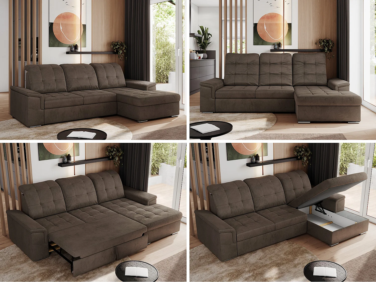 Ecksofa MADRITO - mit verstellbarer Rückenlehne, Armlehnen, gestepptem Sitz und Rückenlehne, Schlaffunktion - Braun Velvet - Ecke Rechts