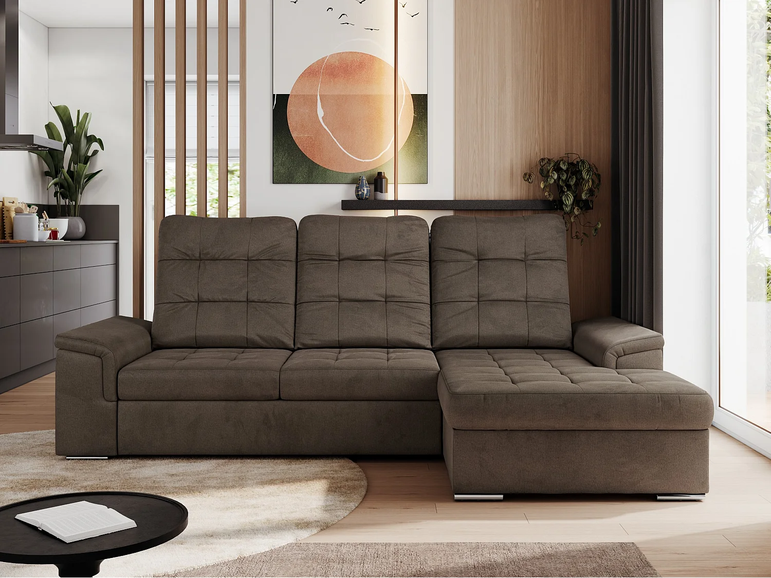 Ecksofa MADRITO - mit verstellbarer Rückenlehne, Armlehnen, gestepptem Sitz und Rückenlehne, Schlaffunktion - Braun Velvet - Ecke Rechts