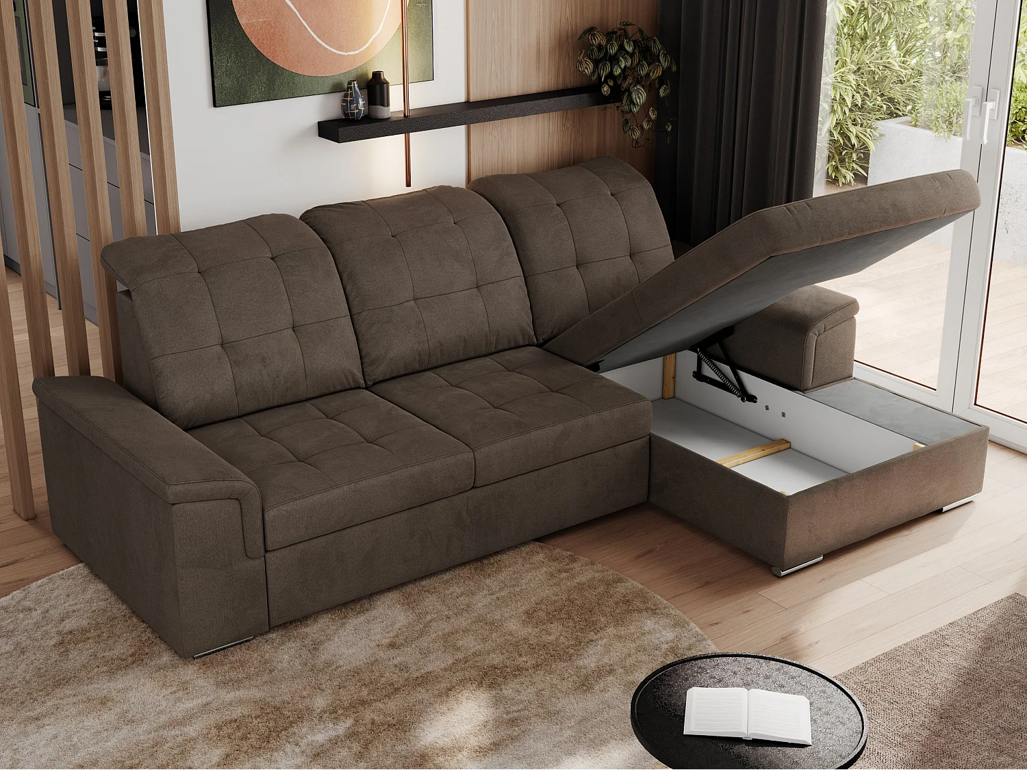 Ecksofa MADRITO - mit verstellbarer Rückenlehne, Armlehnen, gestepptem Sitz und Rückenlehne, Schlaffunktion - Braun Velvet - Ecke Rechts