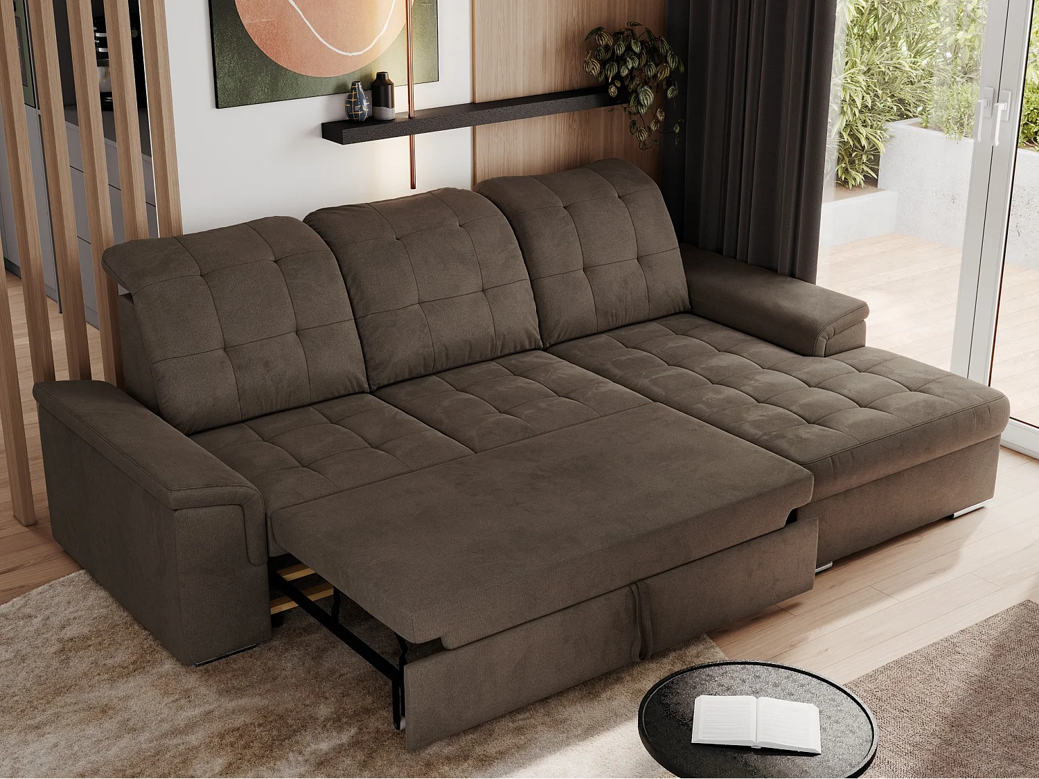 Ecksofa MADRITO - mit verstellbarer Rückenlehne, Armlehnen, gestepptem Sitz und Rückenlehne, Schlaffunktion - Braun Velvet - Ecke Rechts