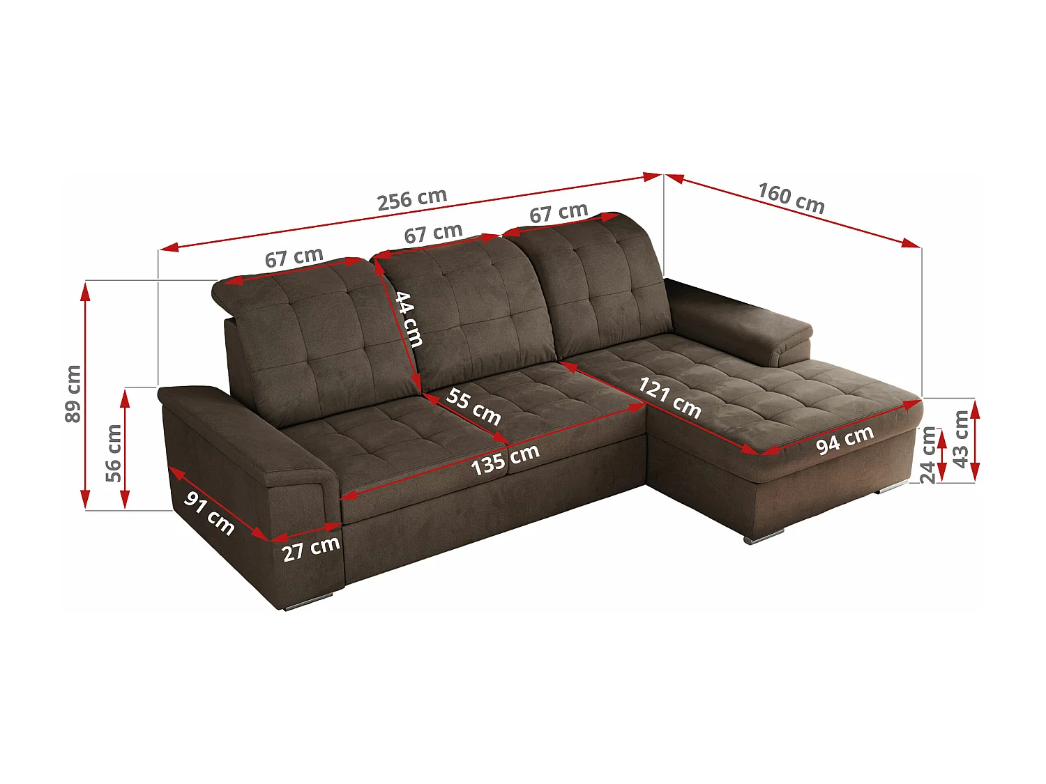 Ecksofa MADRITO - mit verstellbarer Rückenlehne, Armlehnen, gestepptem Sitz und Rückenlehne, Schlaffunktion - Braun Velvet - Ecke Rechts