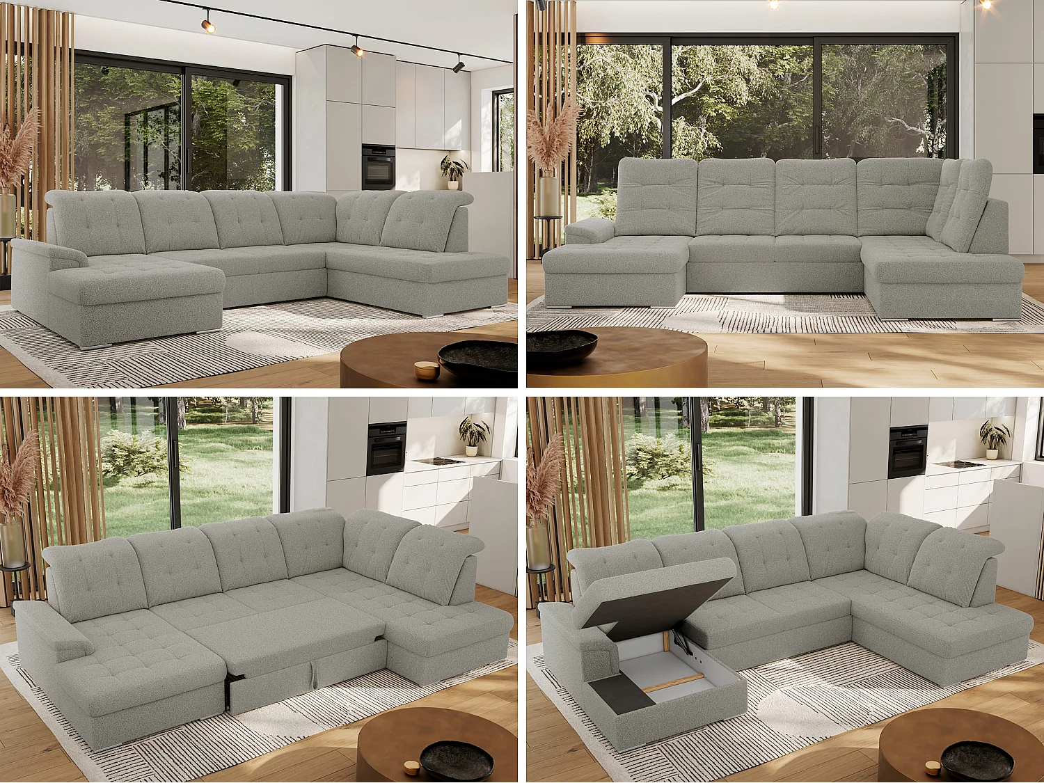 Ecksofa MADRITO U - mit verstellbarer Rückenlehne, Armlehne, L-förmige Ecke, Bettkasten - Hellgrau Boucle - Ecke Rechts