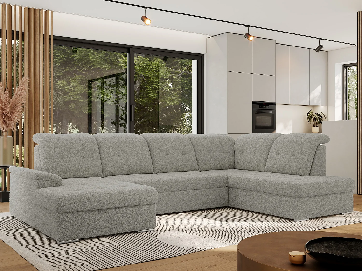 Ecksofa MADRITO U - mit verstellbarer Rückenlehne, Armlehne, L-förmige Ecke, Bettkasten - Hellgrau Boucle - Ecke Rechts