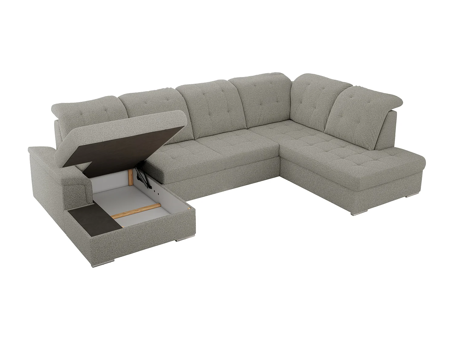 Ecksofa MADRITO U - mit verstellbarer Rückenlehne, Armlehne, L-förmige Ecke, Bettkasten - Hellgrau Boucle - Ecke Rechts