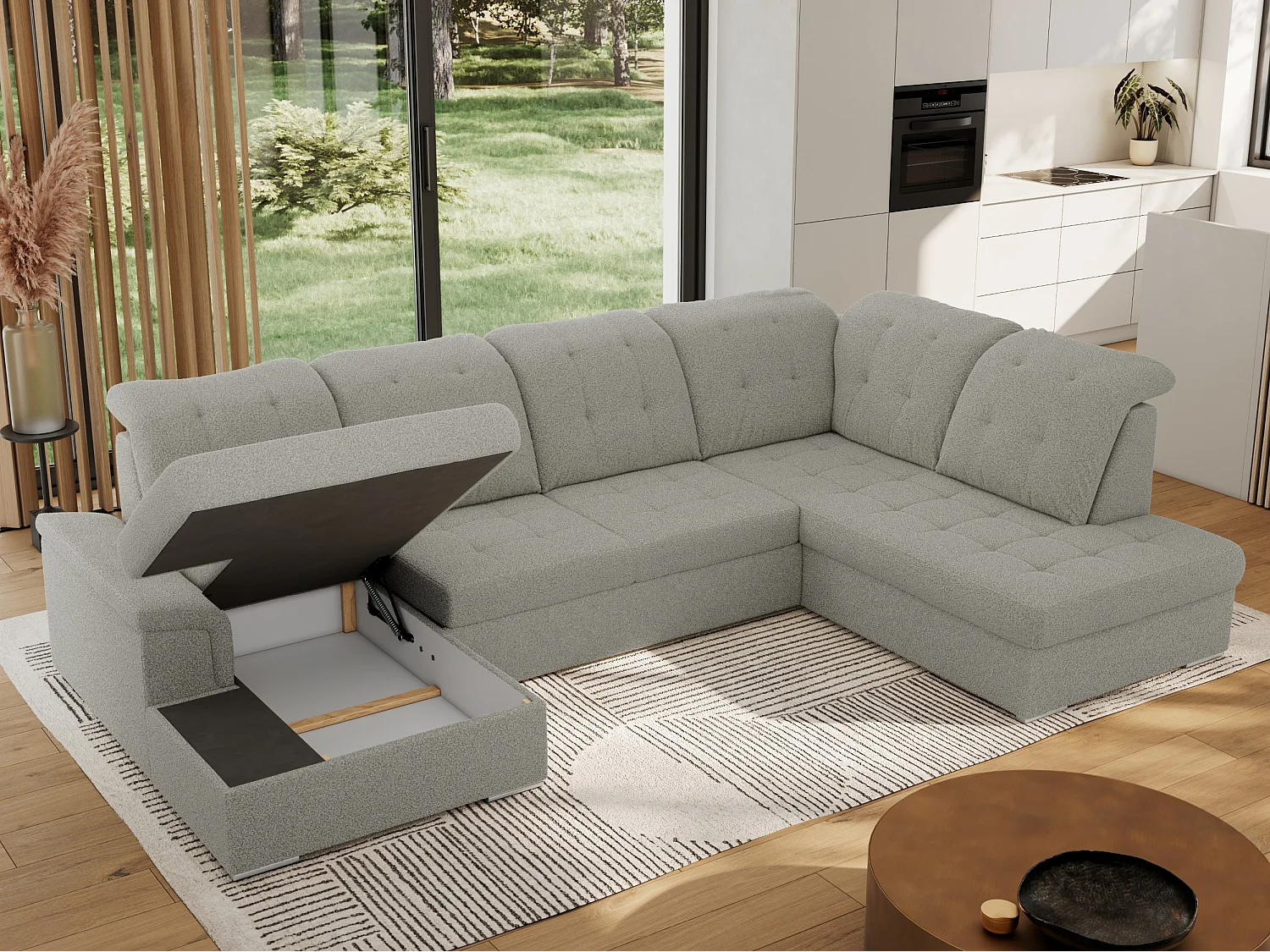 Ecksofa MADRITO U - mit verstellbarer Rückenlehne, Armlehne, L-förmige Ecke, Bettkasten - Hellgrau Boucle - Ecke Rechts