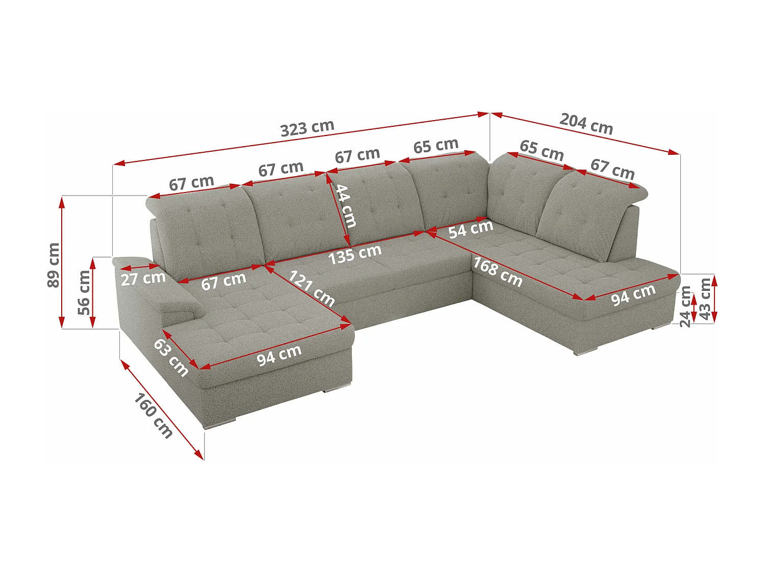 Ecksofa MADRITO U - mit verstellbarer Rückenlehne, Armlehne, L-förmige Ecke, Bettkasten - Hellgrau Boucle - Ecke Rechts