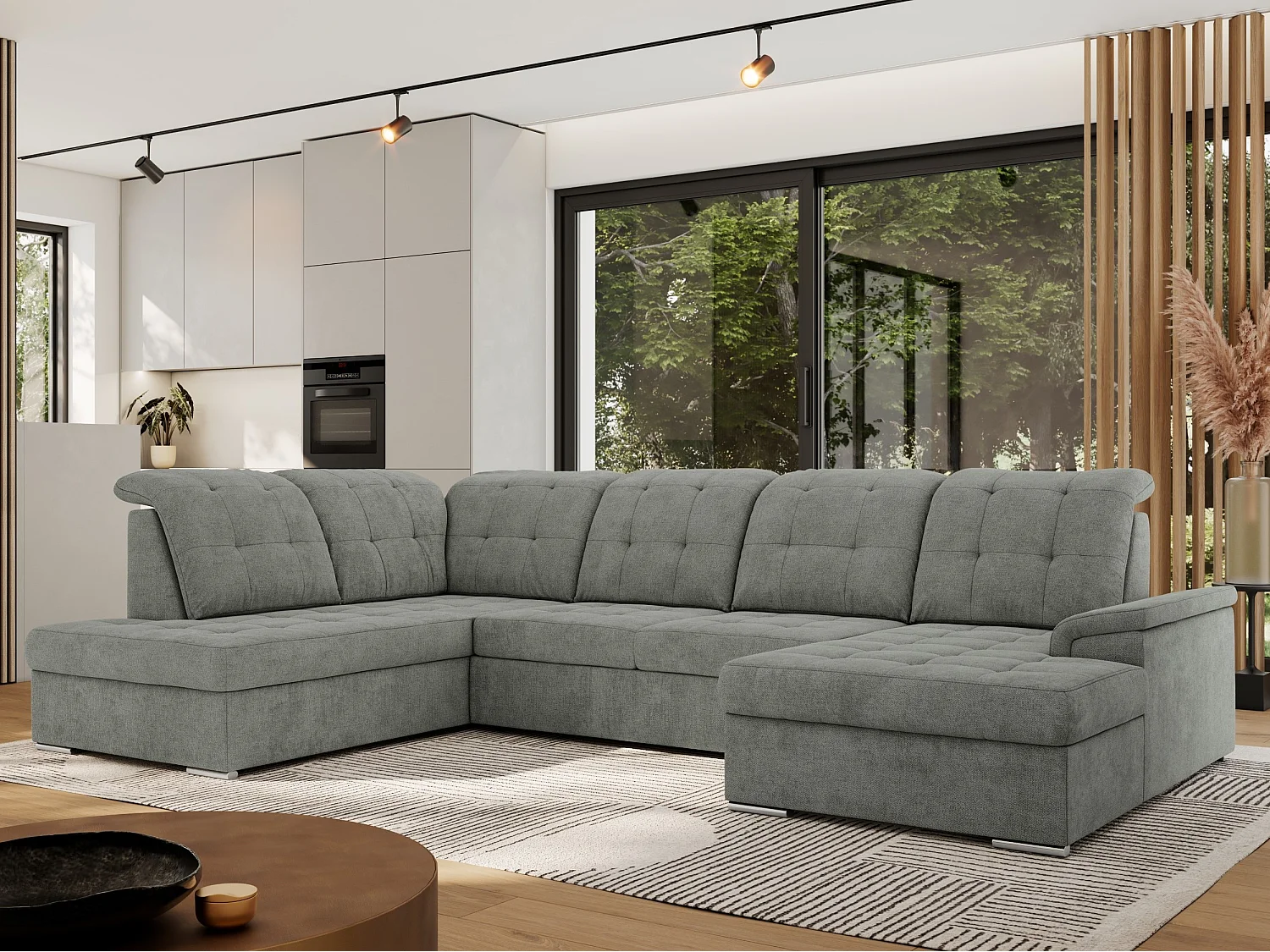 Ecksofa MADRITO U - mit verstellbarer Rückenlehne, Armlehne, L-förmige Ecke, Bettkasten - Grau Struktur - Ecke Links