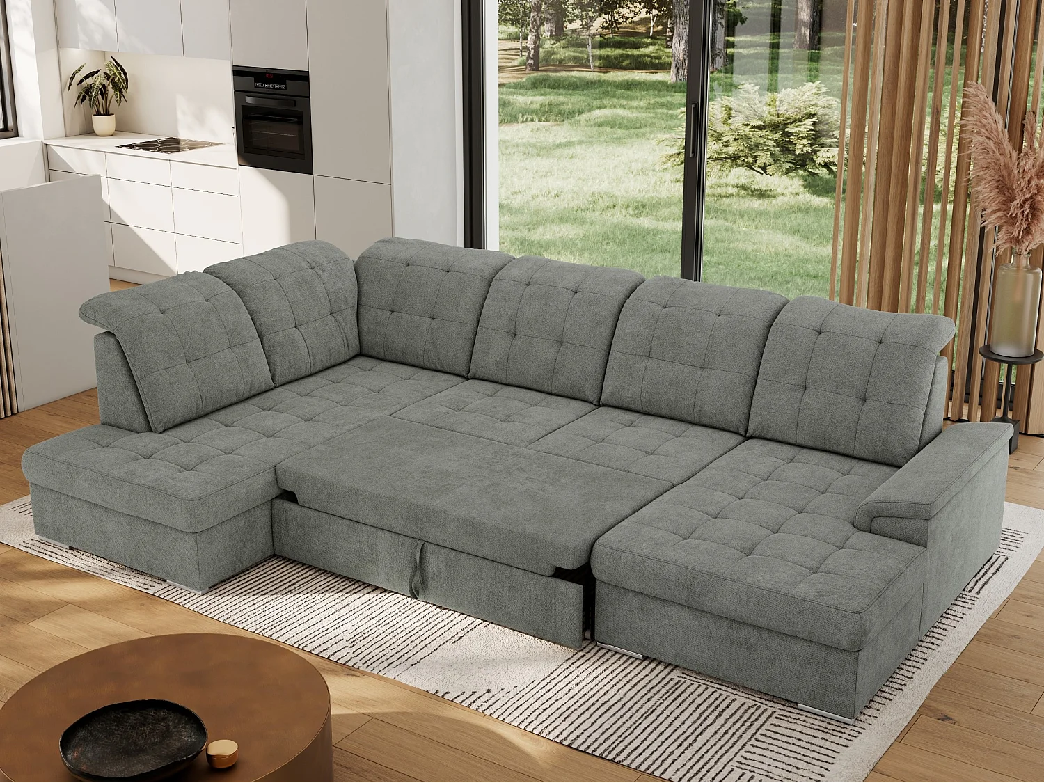 Ecksofa MADRITO U - mit verstellbarer Rückenlehne, Armlehne, L-förmige Ecke, Bettkasten - Grau Struktur - Ecke Links