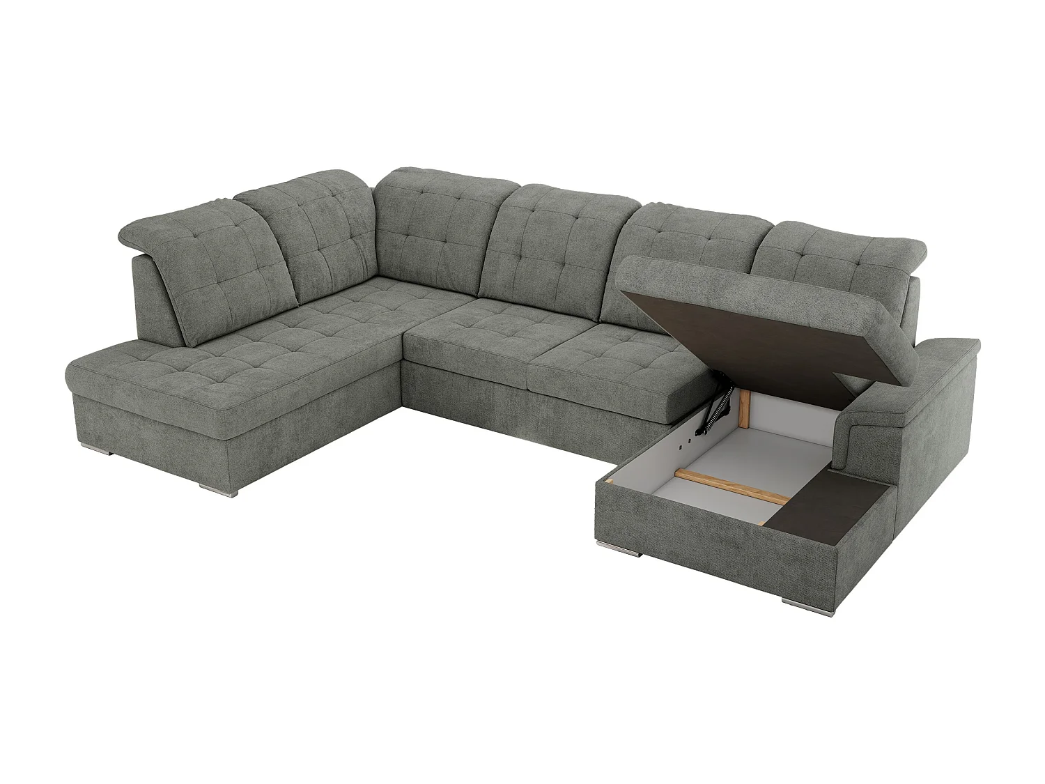 Ecksofa MADRITO U - mit verstellbarer Rückenlehne, Armlehne, L-förmige Ecke, Bettkasten - Grau Struktur - Ecke Links