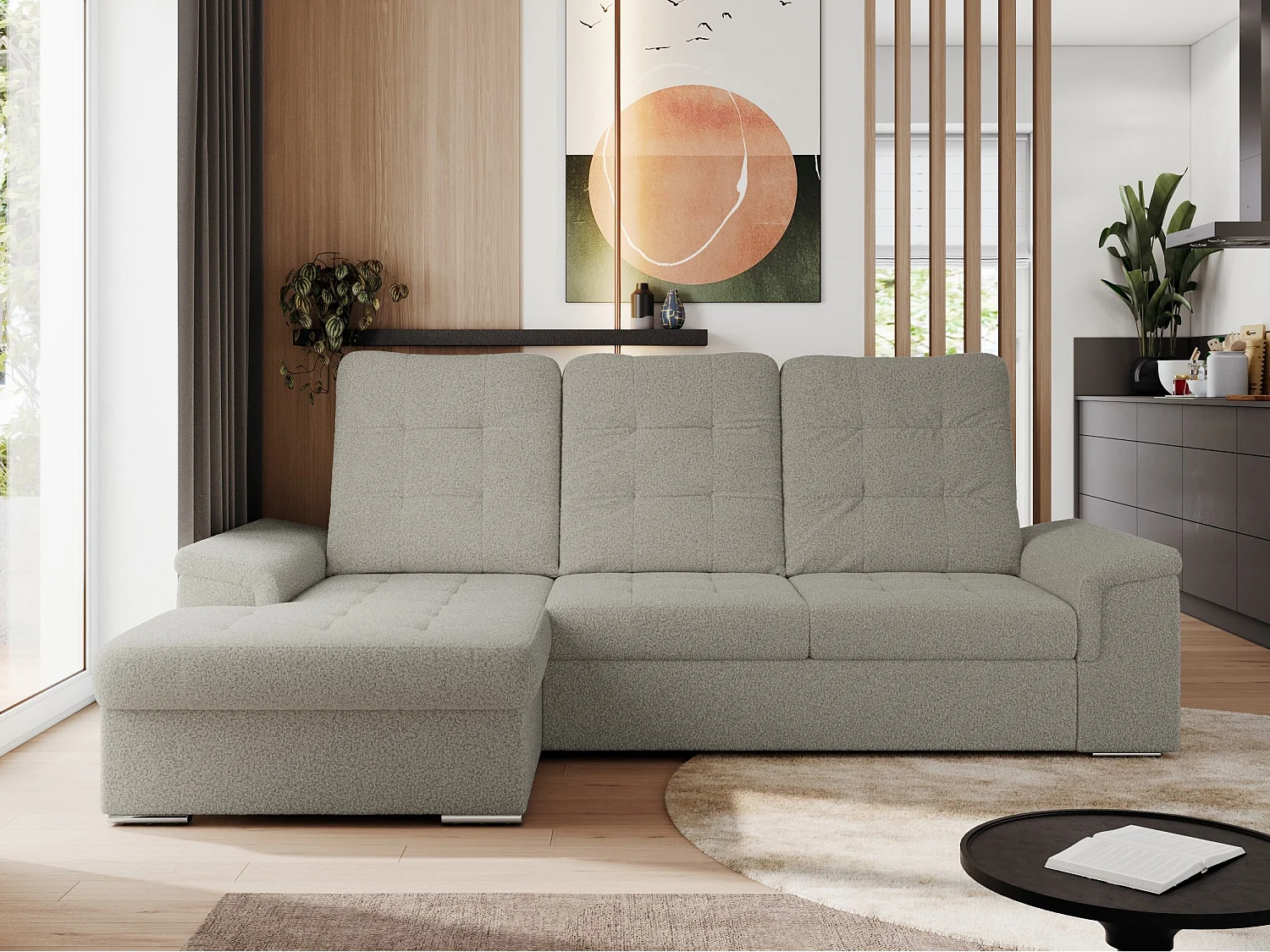 Ecksofa MADRITO - mit verstellbarer Rückenlehne, Armlehnen, gestepptem Sitz und Rückenlehne, Schlaffunktion - Hellgrau Boucle - Ecke Links