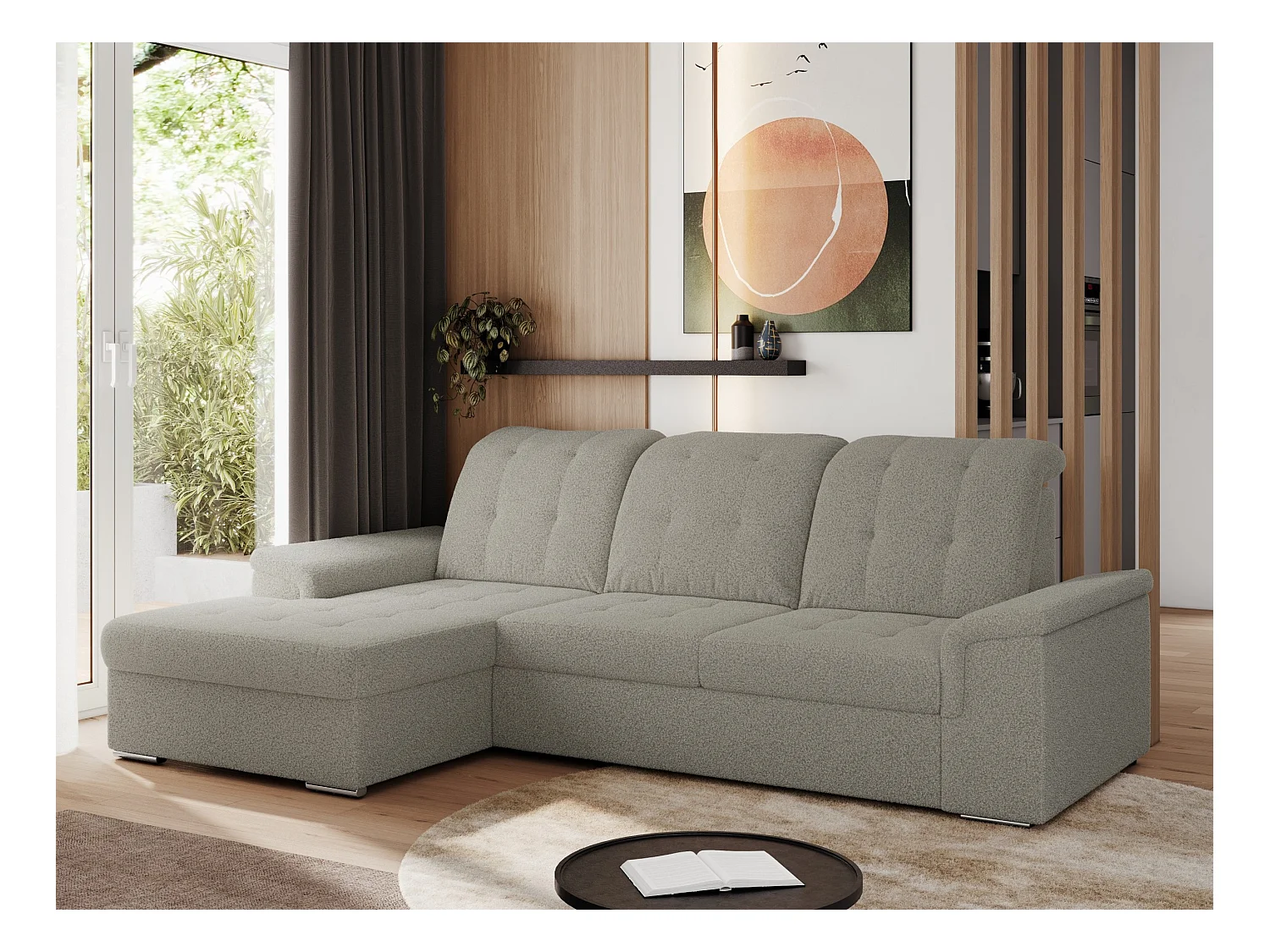 Ecksofa MADRITO - mit verstellbarer Rückenlehne, Armlehnen, gestepptem Sitz und Rückenlehne, Schlaffunktion - Hellgrau Boucle - Ecke Links