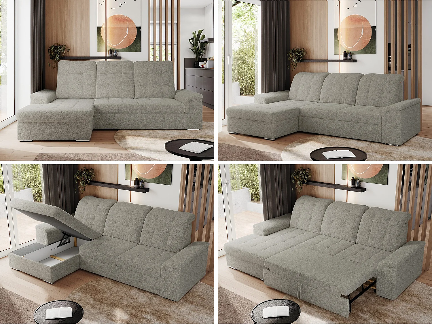 Ecksofa MADRITO - mit verstellbarer Rückenlehne, Armlehnen, gestepptem Sitz und Rückenlehne, Schlaffunktion - Hellgrau Boucle - Ecke Links