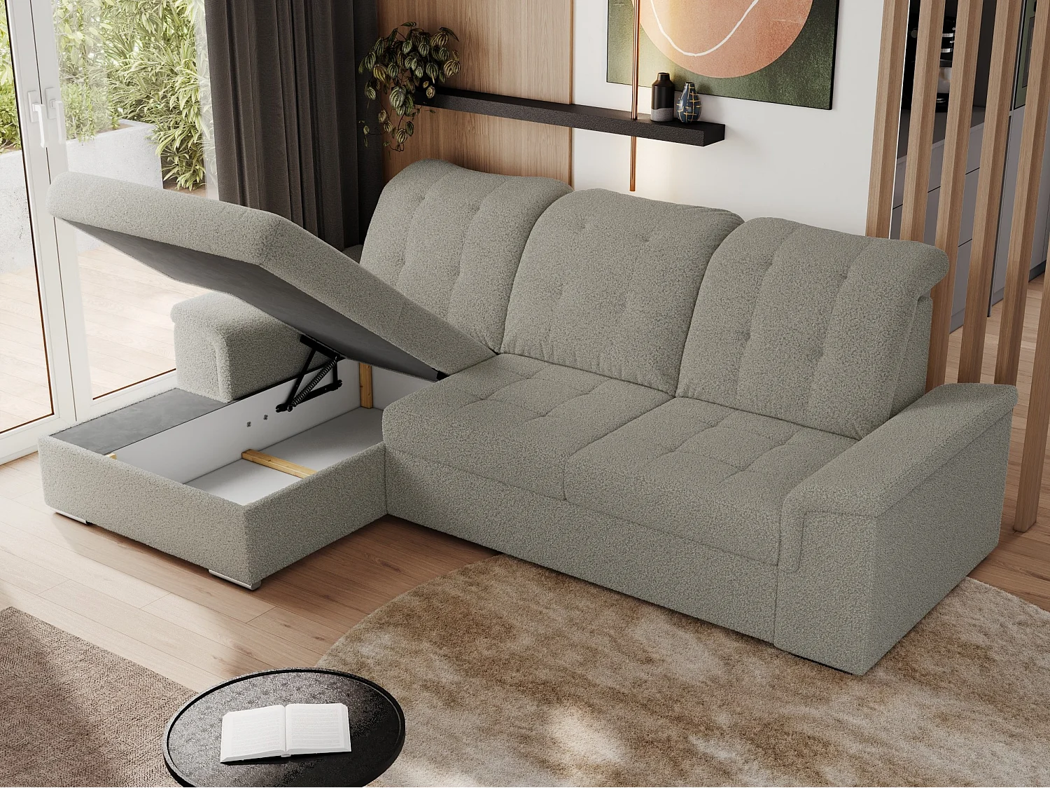 Ecksofa MADRITO - mit verstellbarer Rückenlehne, Armlehnen, gestepptem Sitz und Rückenlehne, Schlaffunktion - Hellgrau Boucle - Ecke Links