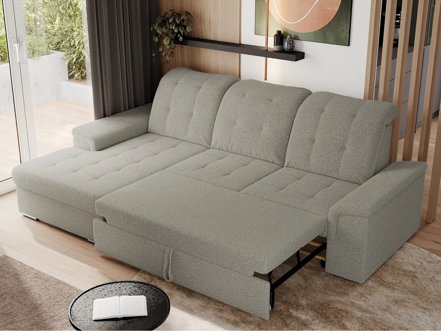 Ecksofa MADRITO - mit verstellbarer Rückenlehne, Armlehnen, gestepptem Sitz und Rückenlehne, Schlaffunktion - Hellgrau Boucle - Ecke Links