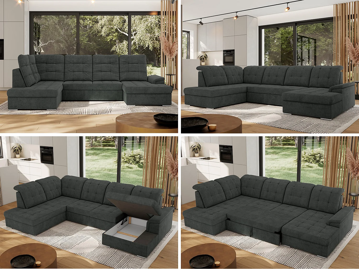 Ecksofa MADRITO U - mit verstellbarer Rückenlehne, Armlehne, L-förmige Ecke, Bettkasten - Dunkelgrau Struktur - Ecke Links