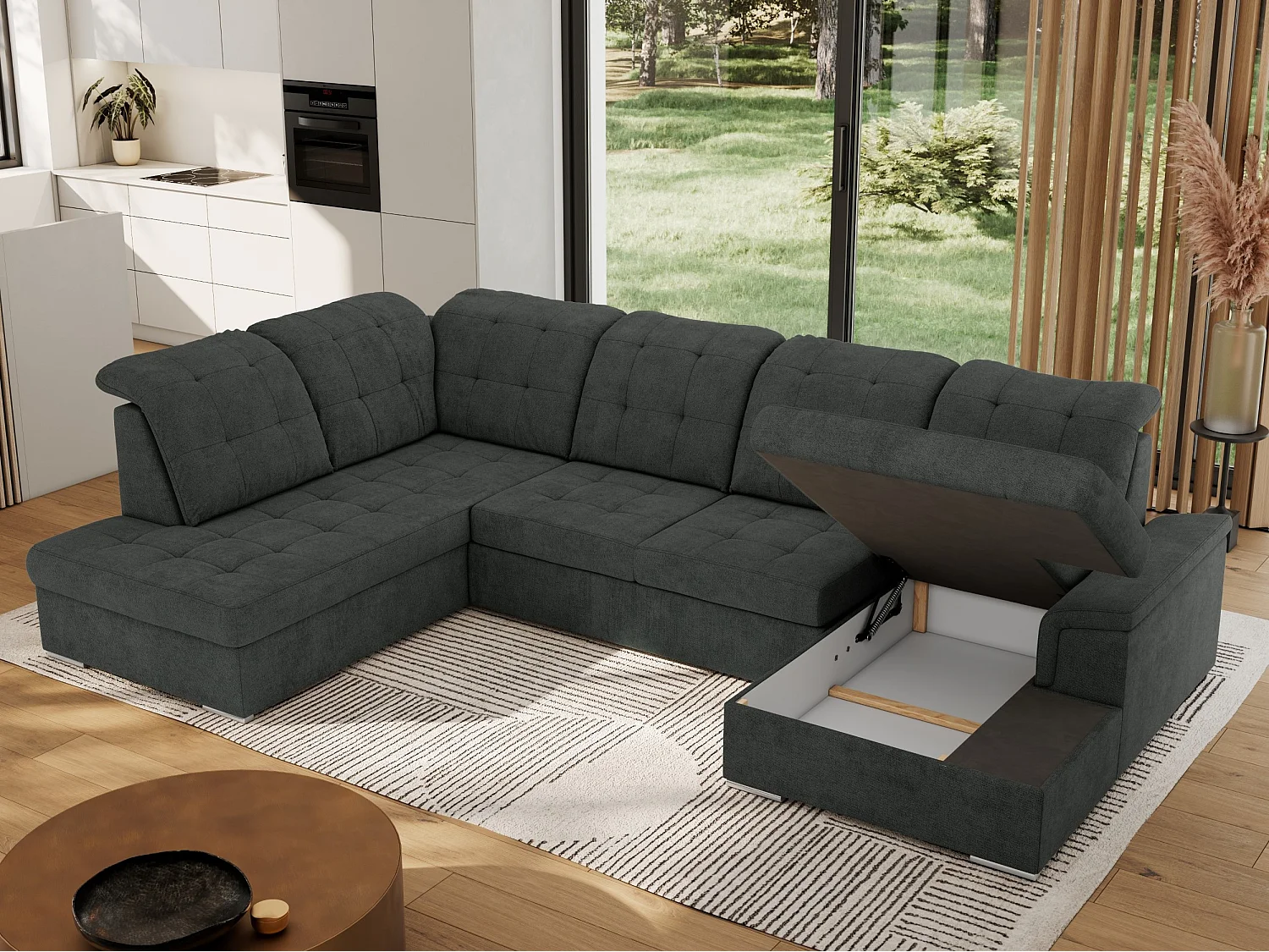 Ecksofa MADRITO U - mit verstellbarer Rückenlehne, Armlehne, L-förmige Ecke, Bettkasten - Dunkelgrau Struktur - Ecke Links