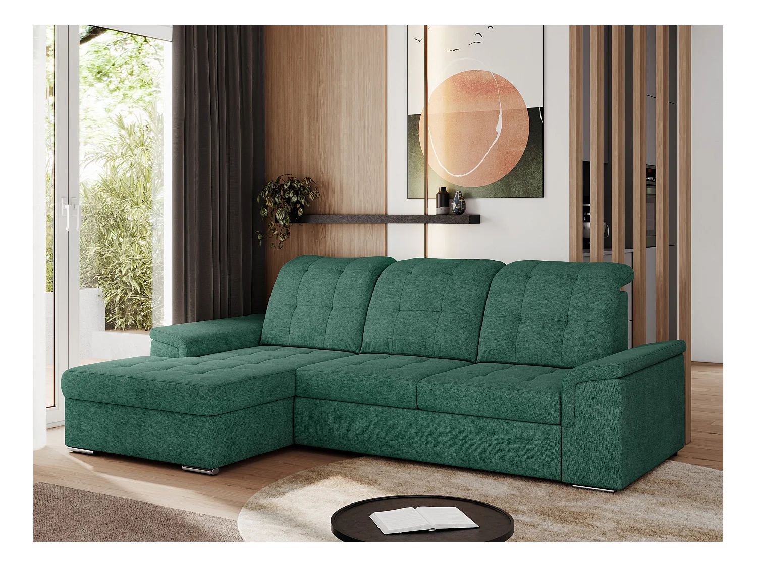 Ecksofa MADRITO - mit verstellbarer Rückenlehne, Armlehnen, gestepptem Sitz und Rückenlehne, Schlaffunktion - Grün Struktur - Ecke Links