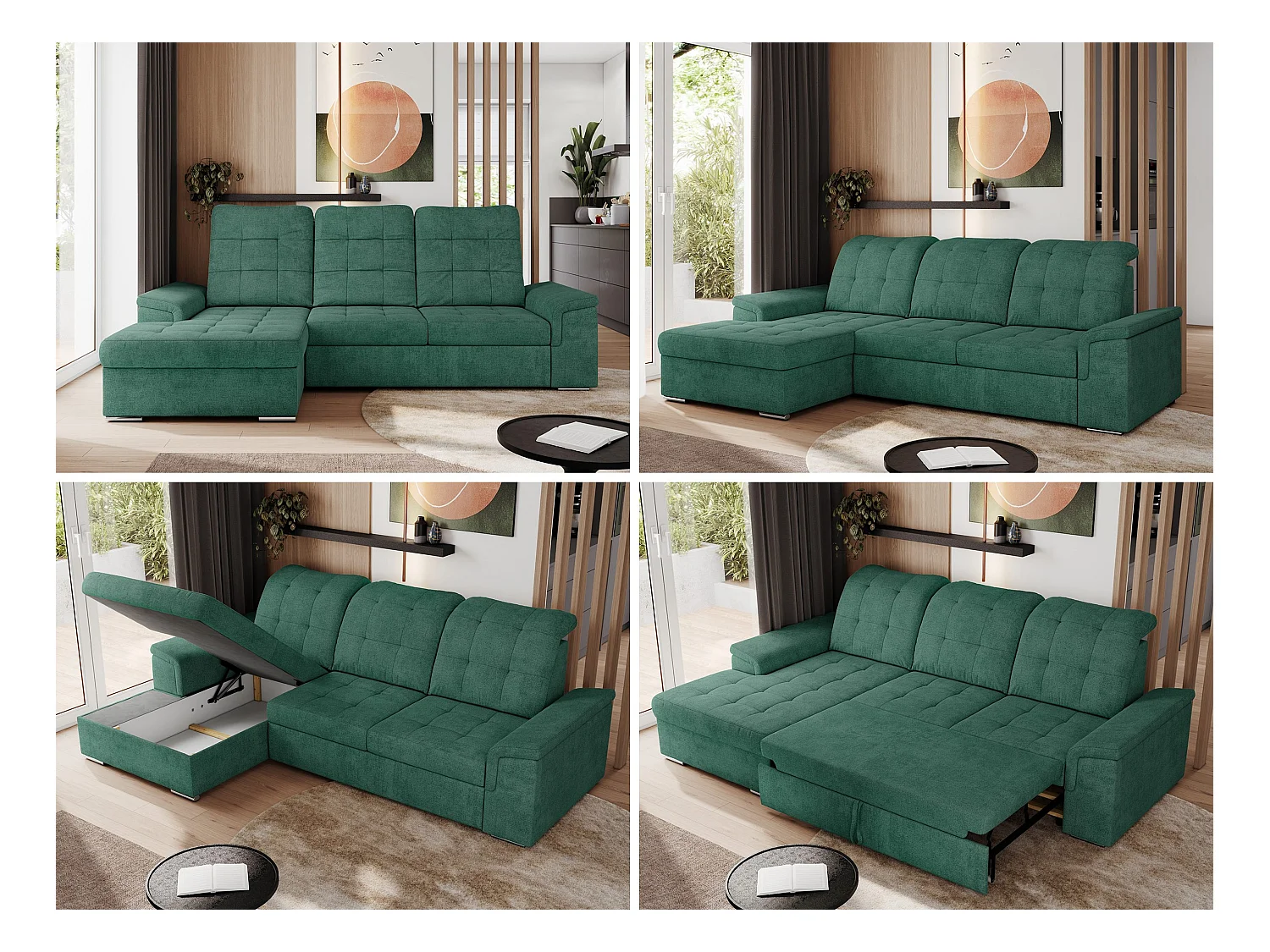 Ecksofa MADRITO - mit verstellbarer Rückenlehne, Armlehnen, gestepptem Sitz und Rückenlehne, Schlaffunktion - Grün Struktur - Ecke Links