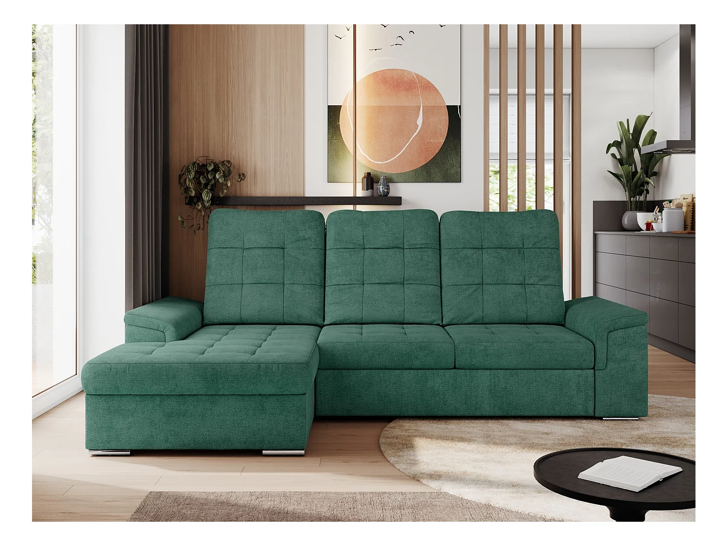 Ecksofa MADRITO - mit verstellbarer Rückenlehne, Armlehnen, gestepptem Sitz und Rückenlehne, Schlaffunktion - Grün Struktur - Ecke Links