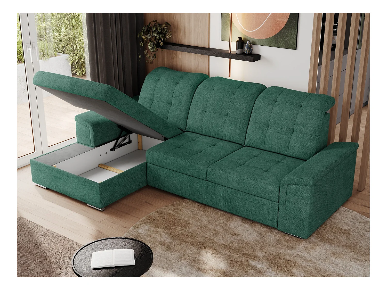 Ecksofa MADRITO - mit verstellbarer Rückenlehne, Armlehnen, gestepptem Sitz und Rückenlehne, Schlaffunktion - Grün Struktur - Ecke Links